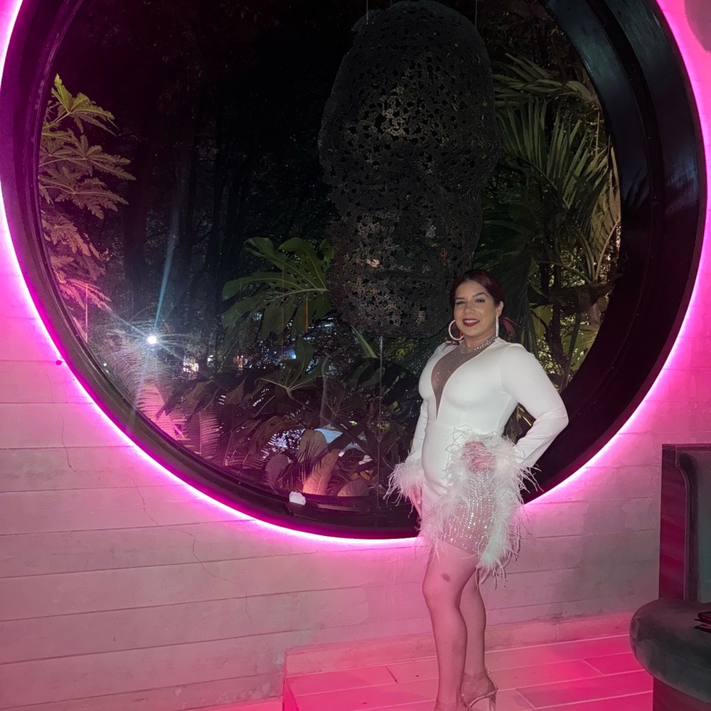 Fashion Nova White Long Sleeve Dress with Feather Accents